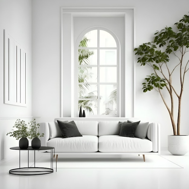 A white room with a couch and a plant in it