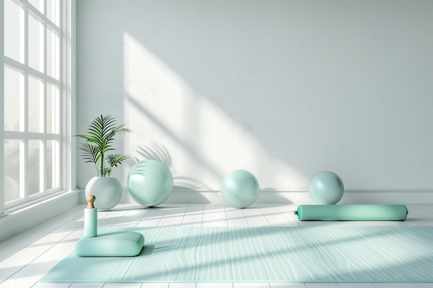 A white room with a green yoga mat and a green ball