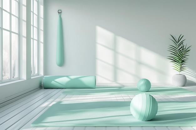 A white room with a green yoga mat and a green ball