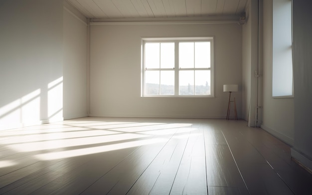 A white room with a lamp on a small table in front of it