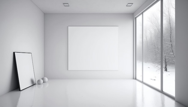 A white room with a large white poster on the floor