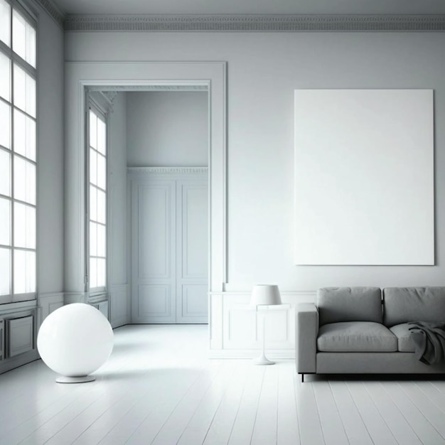 A white room with a large white poster on the wall and a couch in the corner.