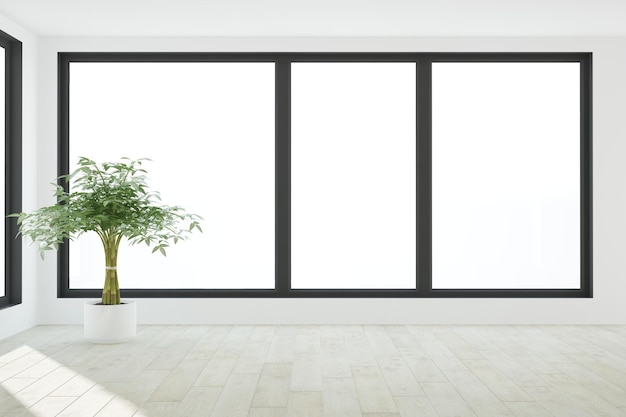 A white room with a large window that says'tree '