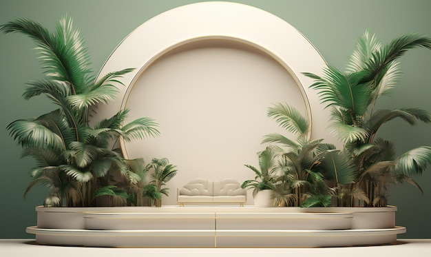 a white room with palm trees and a golden archway product display podium