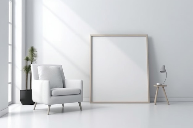 A white room with a picture frame and a plant on the wall.