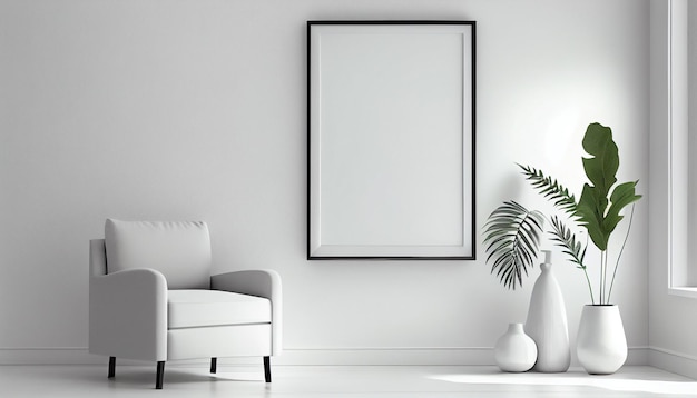 A white room with a picture frame and a plant on the wall