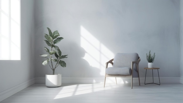 A white room with a plant in it and a chair in the corner.