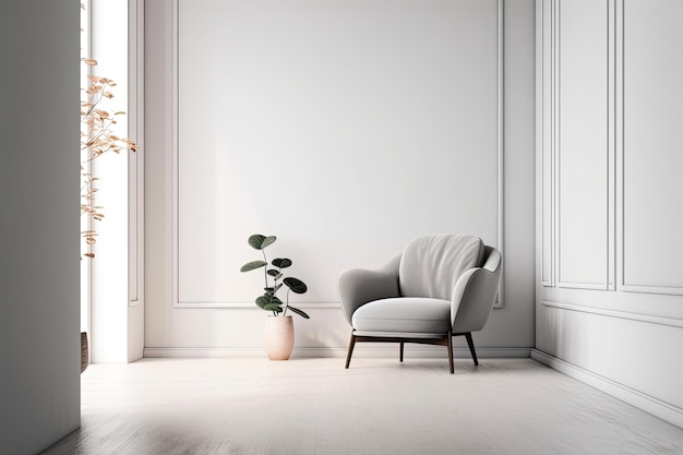 A white room with a plant in a pot and a chair in front of it.