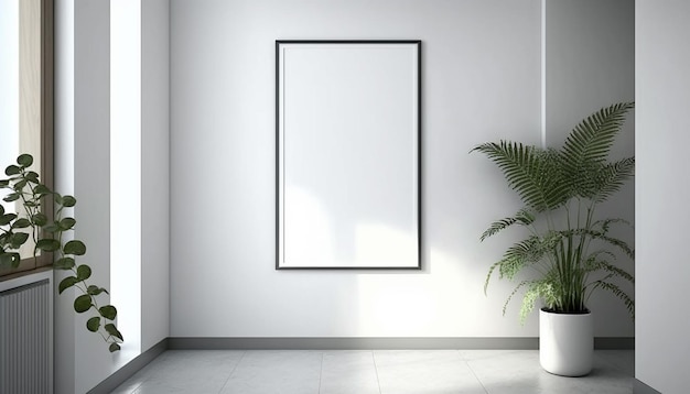 A white room with a plant on the wall and a frame on the wall.