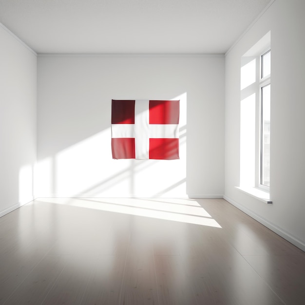 A white room with a red flag on the wall and a window that says denmark on it.