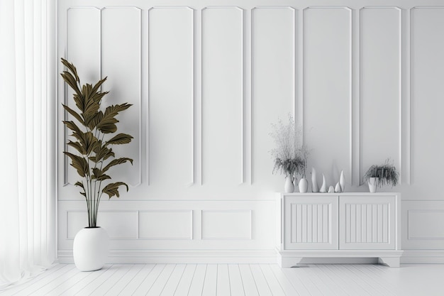 White room with shuttered panels and hardwood table top vased dried plants