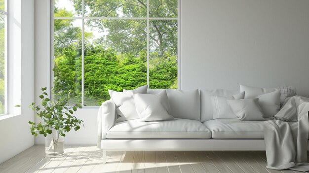 White room with sofa and green landscape in windoweclectic interior Generative Ai