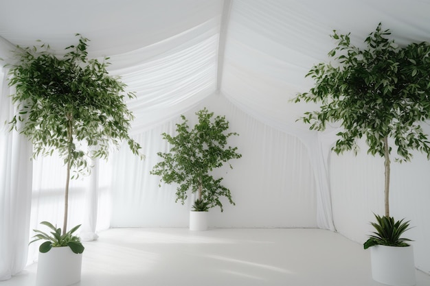 A white room with a white ceiling and a white tent with plants in it.