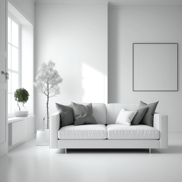 A white room with a white couch and a plant in the corner.