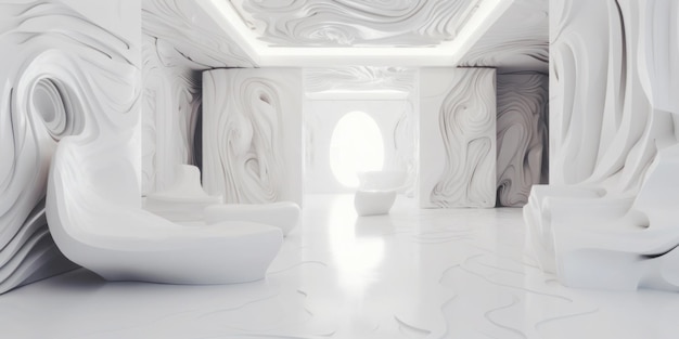 A white room with a white marble floor and a white couch.