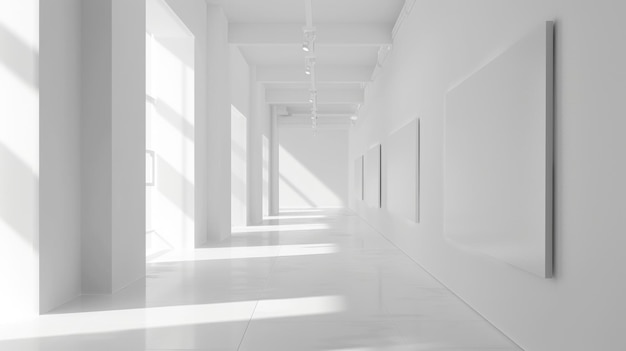 a white room with a white wall and a picture of a hallway with sunlight coming through it