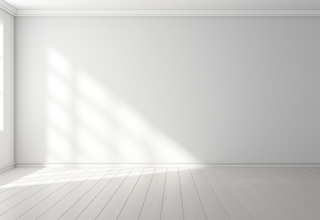 a white room with a white wall and a white wall with sun shining through it.