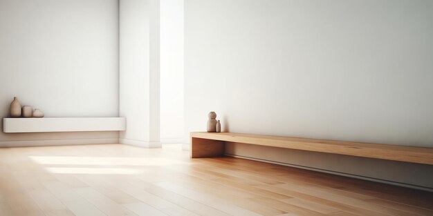 A white room with a wooden shelf and a small statue of a woman.