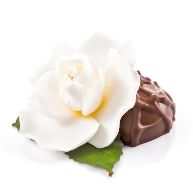 A white rose is next to a chocolate truffle with a flower on it.