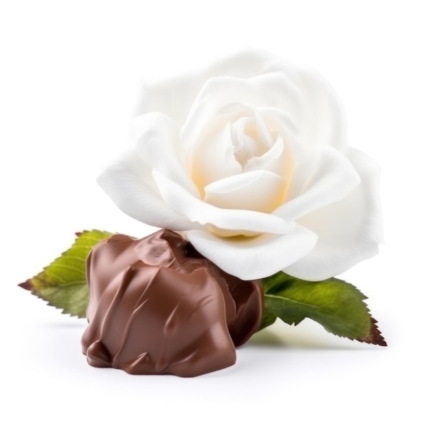 A white rose is surrounded by chocolate and has a white rose on it.