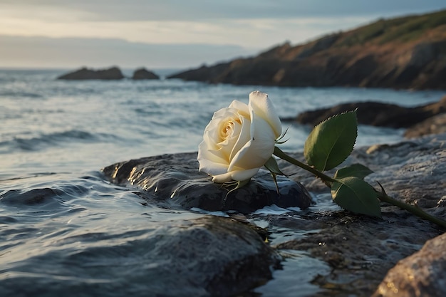 Photo a white rose on a rock with ocean background