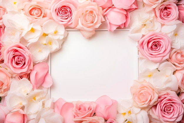 white and rose roses flowers and empty frame mockupCopy space