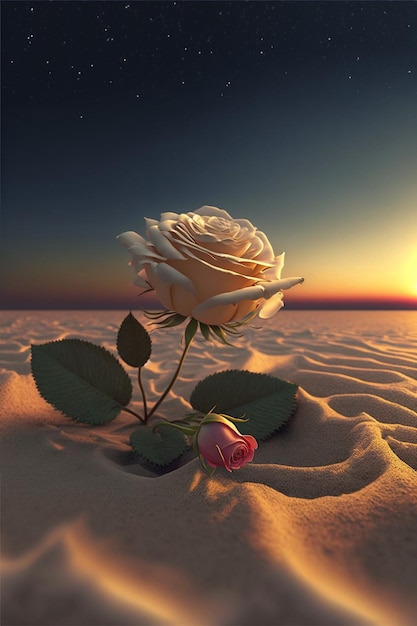 White rose sitting on top of a sandy beach generative ai