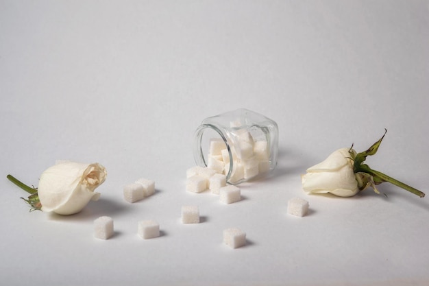 Photo white rose and sugar cubes on a white background close-up