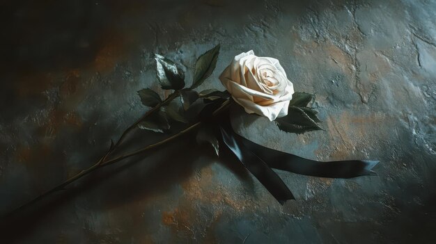 Photo a white rose with a black funeral ribbon draped over it lying in the center of a shadowy room