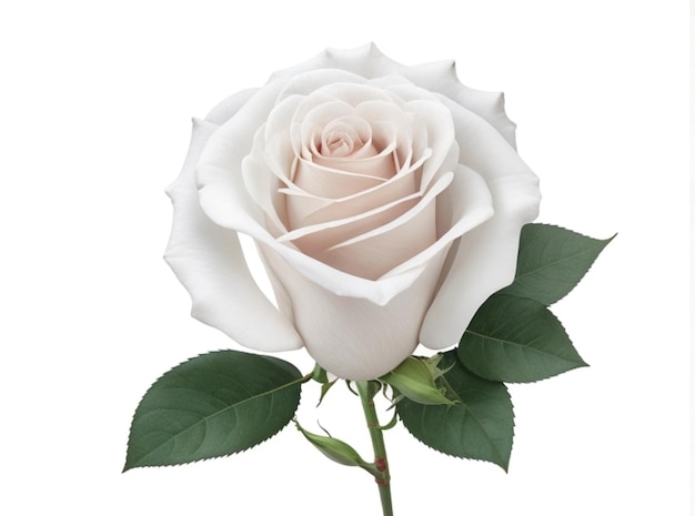 a white rose with green leaves and a white background