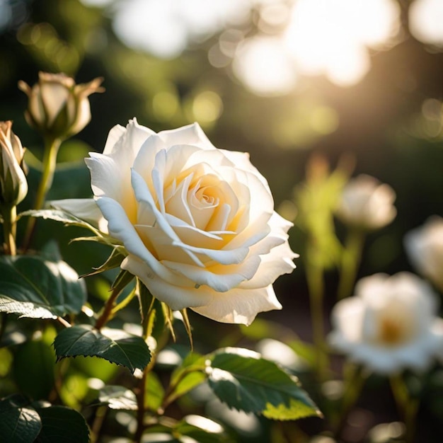 a white rose with the sun behind it