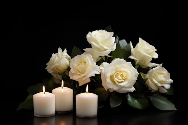 White roses and candle on black table represent funeral