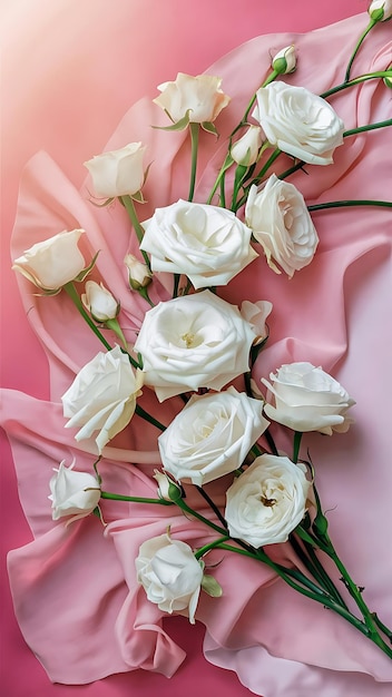 White roses flowers arrangement on pink background flat lay top view floral background