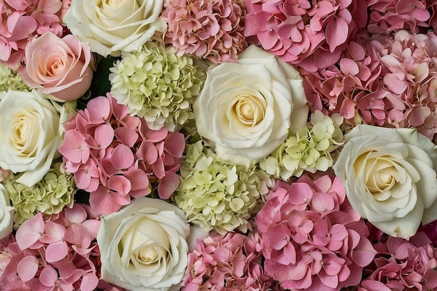 White roses and pink hydrangeas making a beautiful flower wall