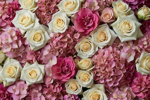 White roses and pink hydrangeas making a beautiful flower wall