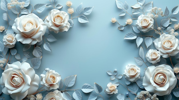 White roses and vines in a 3D effect blue frame captured in high resolution Floral elegance at its finest