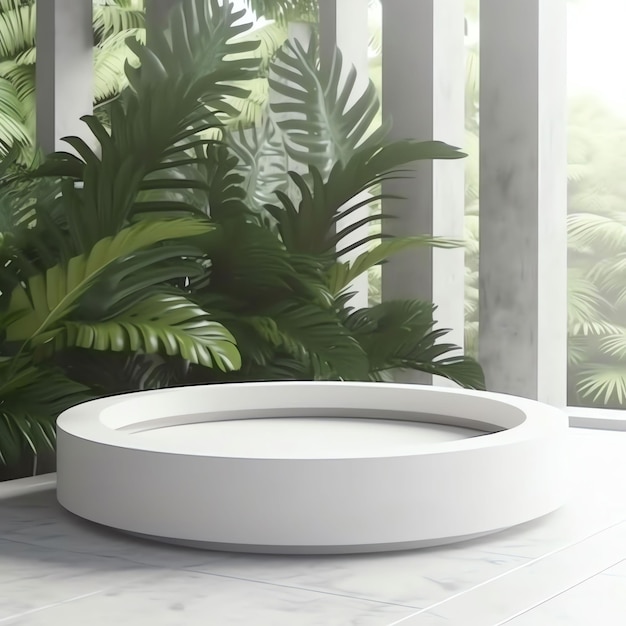 A white round bathtub with a plant in the background.