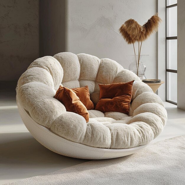 Photo a white round chair with a white cushion that says quot the name quot on the bottom