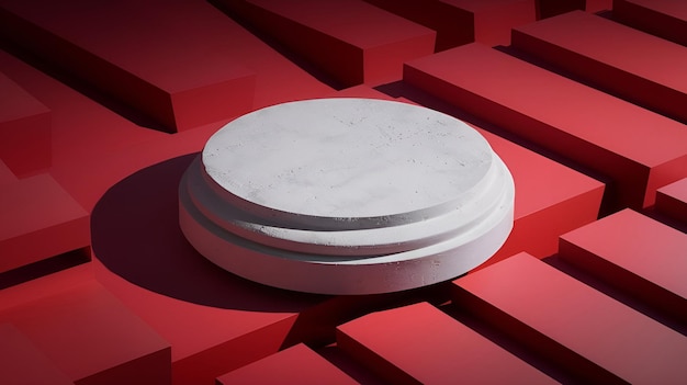 Photo white round concrete podium on red background with shadows