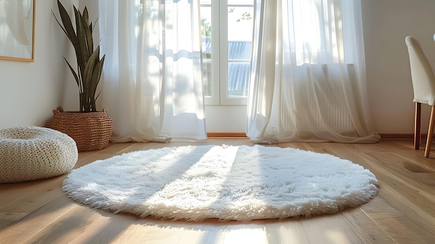 Photo white round fluffy carpet on the wooden floor in a bright room with a window and curtains shaggy whi