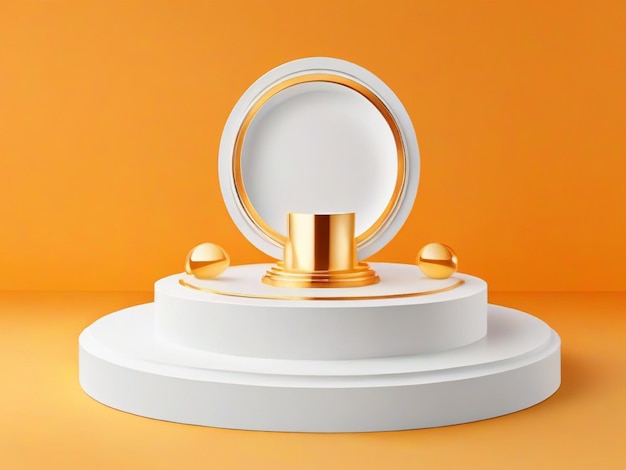 The white round pedestal has a gold frame on a gradient orange background