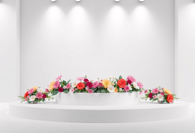 Photo white round pedestal with colorful flowers against white wall