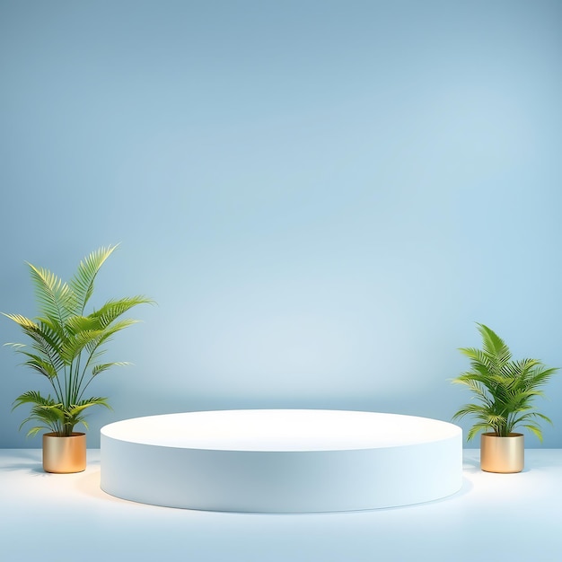 White Round Pedestal with Plants on Blue Background