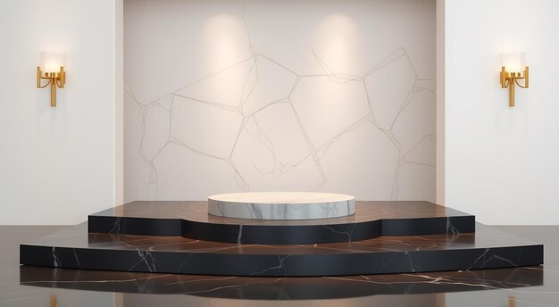 White round podium on black marble steps with gold lamps against a white wall