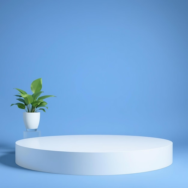 White round podium on blue background with a plant