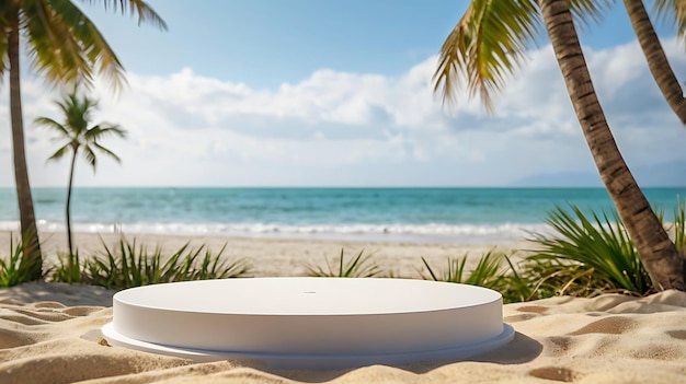 White round podium on sandy beach with palm leaf and sea background