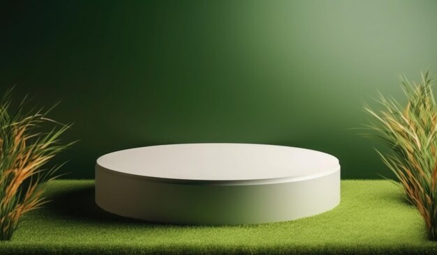 A white round podium sits on a green carpet.