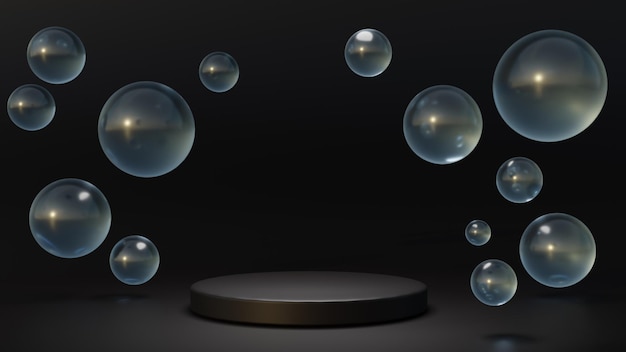 White round podium with air bubbles on black water surface Mock up empty geometric stage platform with soap spheres or water drops for product ad presentation cosmetics Realistic 3d illustration