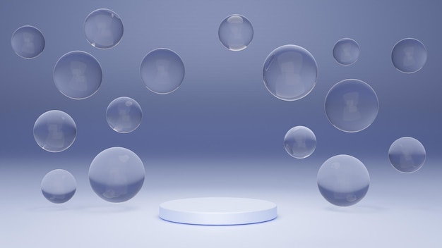 White round podium with air bubbles on blue water surface Mock up empty geometric stage platform with soap spheres or water drops for product ad presentation cosmetics Realistic 3d illustration