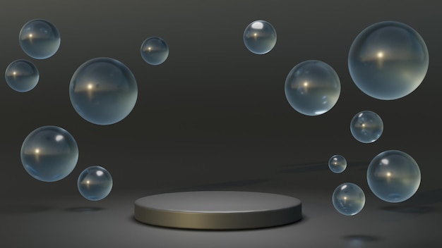 White round podium with air bubbles on grey water surface Mock up empty geometric stage platform with soap spheres or water drops for product ad presentation cosmetics Realistic 3d illustration